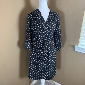 Spense Hummingbird Print Shirt Dress Black Button Front Tie Waist Size 6